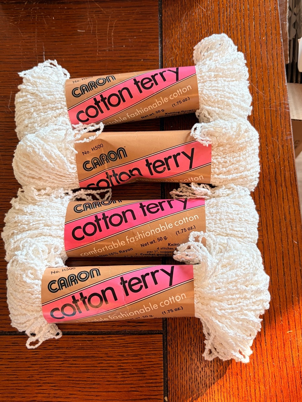 Vtg Caron Cotton Terry H500 Yarn Cotton Rayon Lot 4 Skeins 5001 White Same Lot